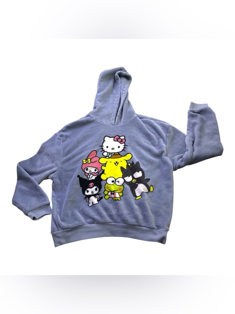 Hello Kitty dusty, blue Plush Hoodie with Colorful hello Kitty and friends